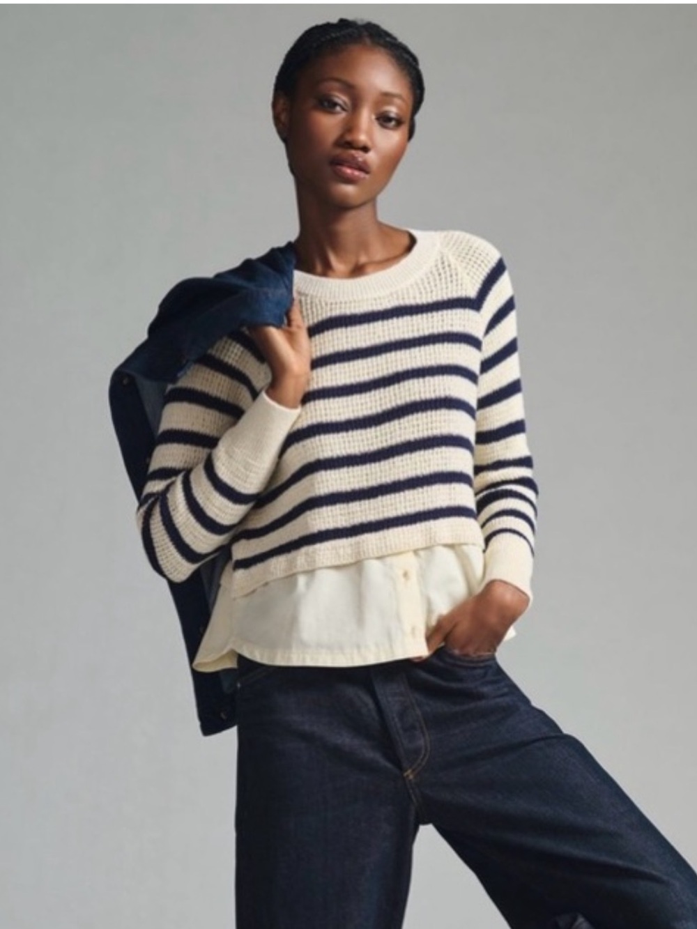 Maeve Anthropologie Layered Striped Pullover Sweater Ivory Navy XL